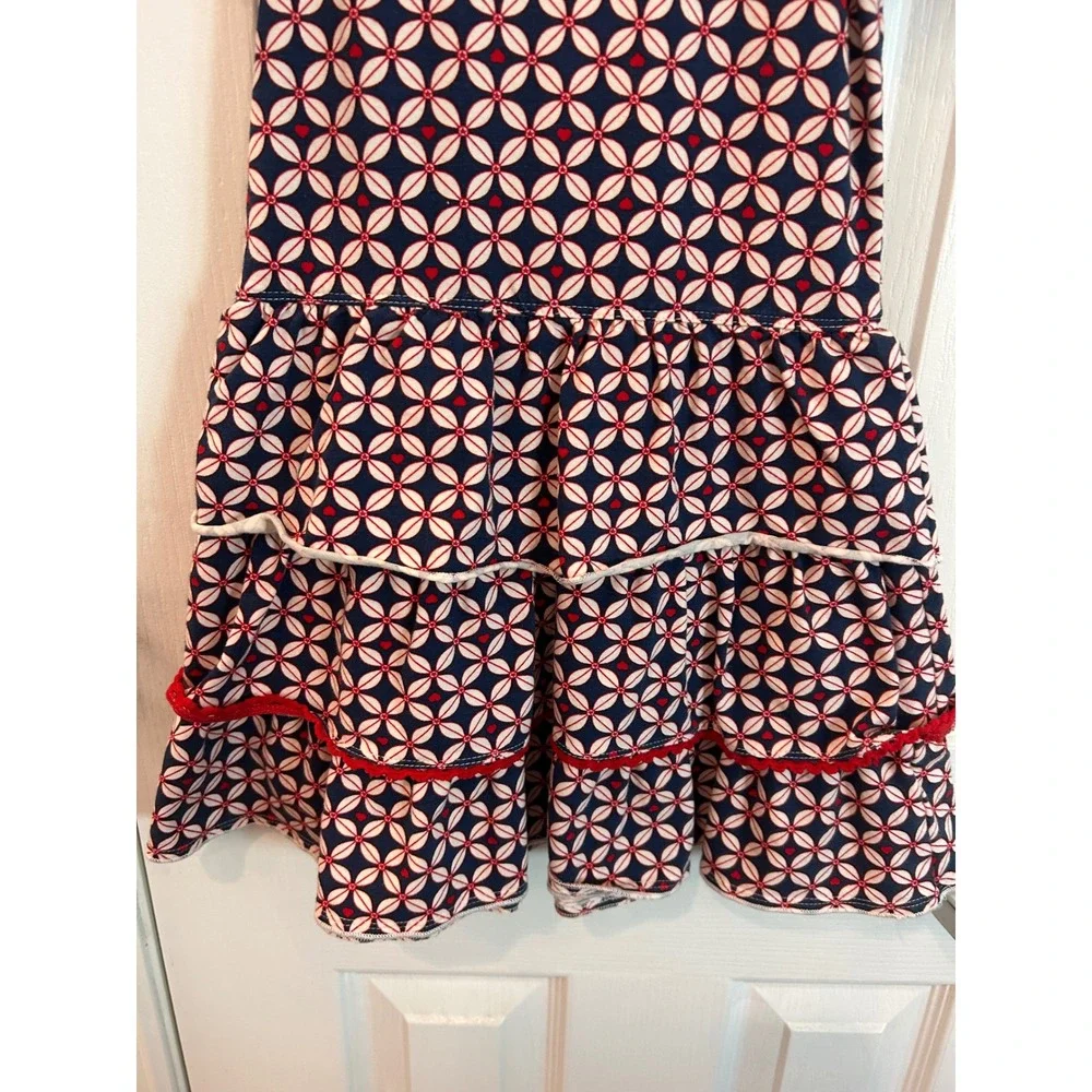 Mim-Pi Dress Navy Red Geometric Floral Heart Tiered Ruffle Flutter Sleeve 110